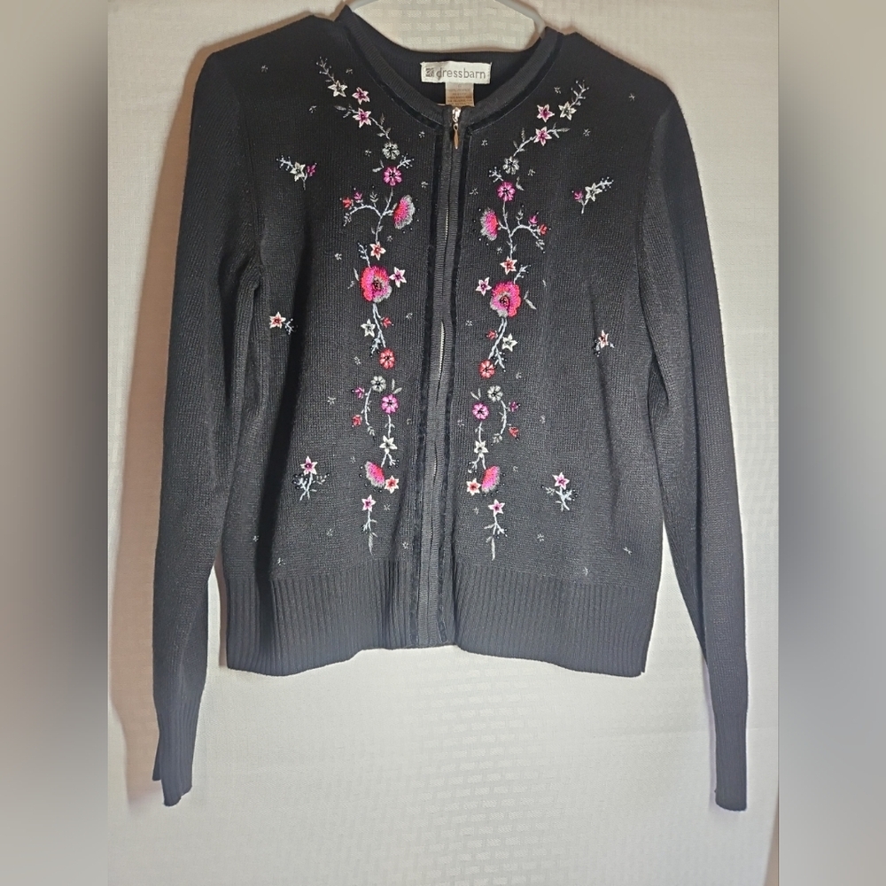 Dressbarn, vintage,‎ black zippered,  beads and embroidery, womens L, sweater